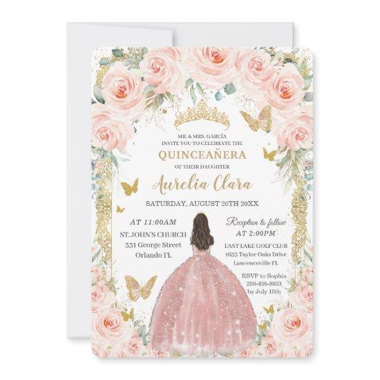 Blush Pink Floral Vintage Gold Quinceañera