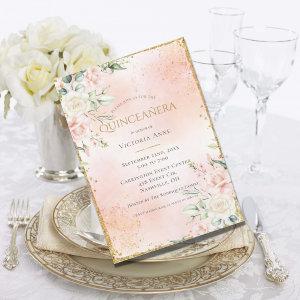 Blush Pink Floral Watercolor Gold Quinceañera