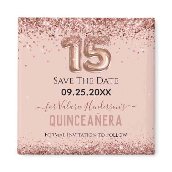 Blush Pink Glitter Quinceanera Save the Date Magnet