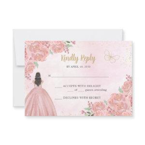 Blush Pink Gold Copper Floral Princess Quinceañera RSVP Card