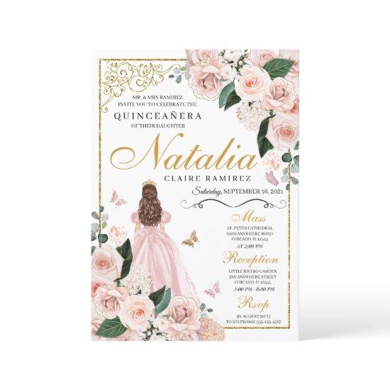 Blush Pink Gold Floral Princess Quinceanera
