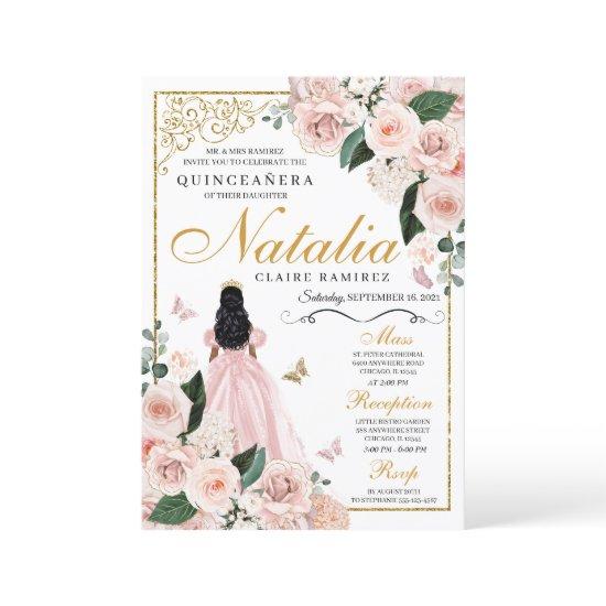 Blush Pink Gold Floral Princess Quinceanera