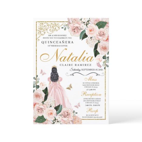 Blush Pink Gold Floral Princess Quinceanera