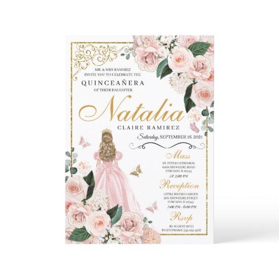 Blush Pink Gold Floral Princess Quinceanera
