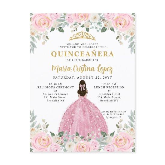 Blush Pink Gold Floral Princess Quinceañera Postcard