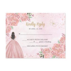 Blush Pink Gold Floral Princess Quinceañera RSVP Postcard