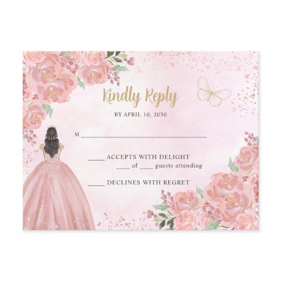 Blush Pink Gold Floral Princess Quinceañera RSVP Postcard