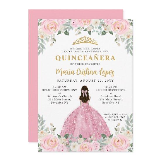 Blush Pink Gold Floral Princess Tiara Quinceañera