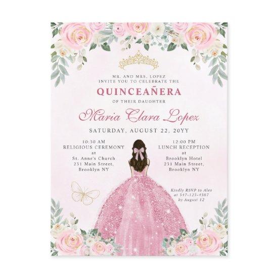 Blush Pink Gold Floral Princess Tiara Quinceañera   Postcard