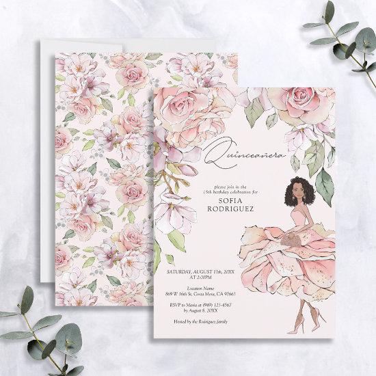 Blush Pink Gold Floral Quinceañera 15th Birthday