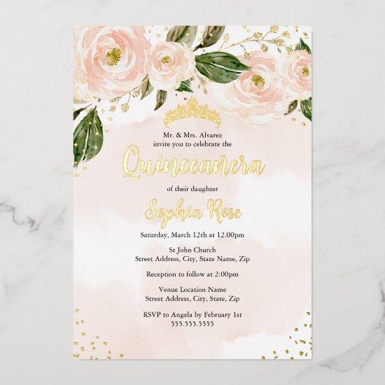 Blush Pink Gold Flower Tiara Quinceanera  Foil