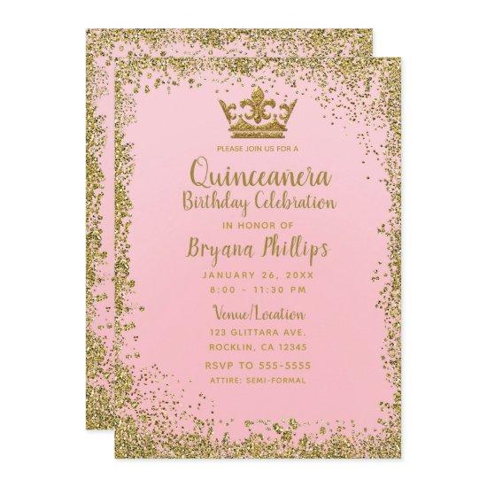 Blush Pink & Gold Glitter Crown Quinceañera 15