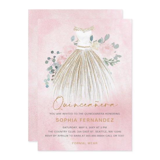 Blush Pink gold glitter Floral Dress Quinceañera
