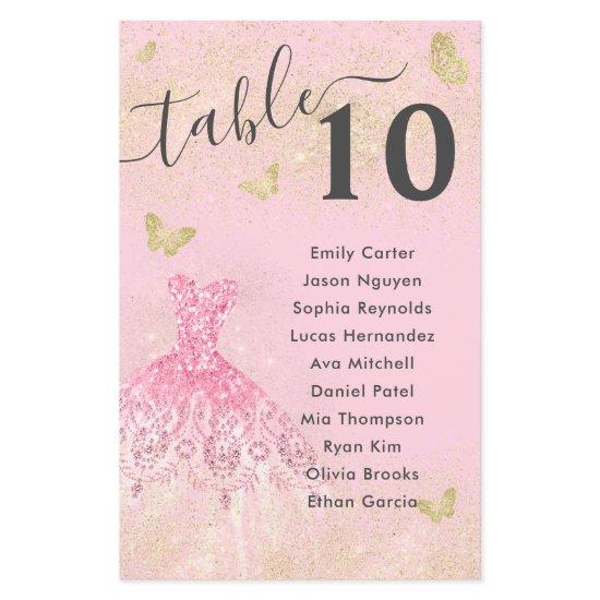 Blush Pink Gold Glitter Gown Quinceanera Seat Menu