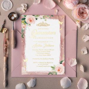 Blush Pink Gold Quinceanera Floral Sparkle Tiara   Foil