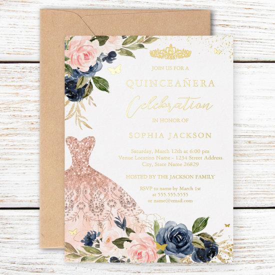 Blush Pink Navy Floral Dress Quinceanera Foil