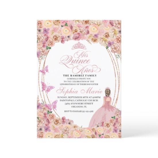 Blush Pink Peach Floral Quinceanera Birthday Invit