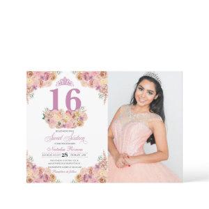 Blush Pink Peach Floral Sweet 16 Birthday Photo