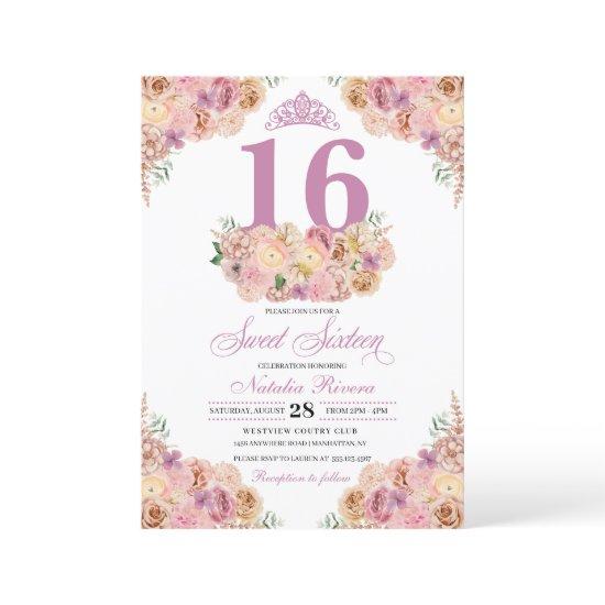 Blush Pink Peach Floral Sweet Sixteen Birthday Inv