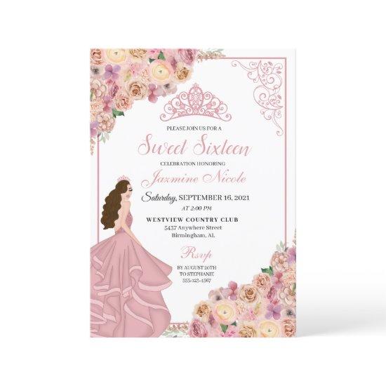 Blush Pink Peach Floral Sweet Sixteen Birthday Inv