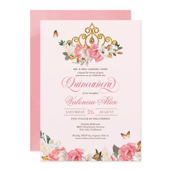 Blush Pink Rose Butterflies Quinceanera Gold Tiara