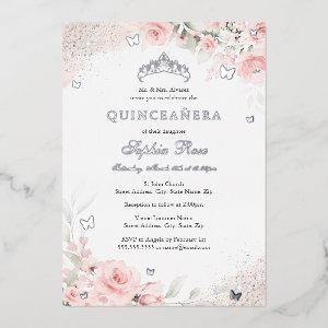 Blush Pink Rose Butterfly Silver Quinceanera Foil