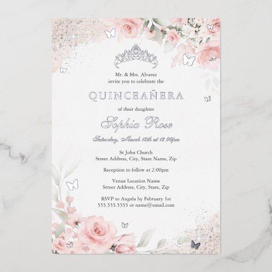 Blush Pink Rose Butterfly Silver Quinceanera Foil