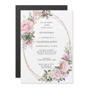 Blush Pink Rose Floral Gold Quinceanera Magnetic