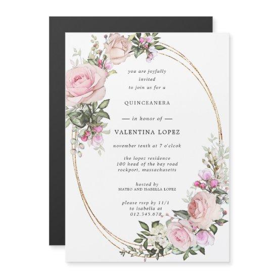 Blush Pink Rose Floral Gold Quinceanera Magnetic