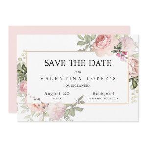 Blush Pink Rose Floral Quinceanera Save The Date