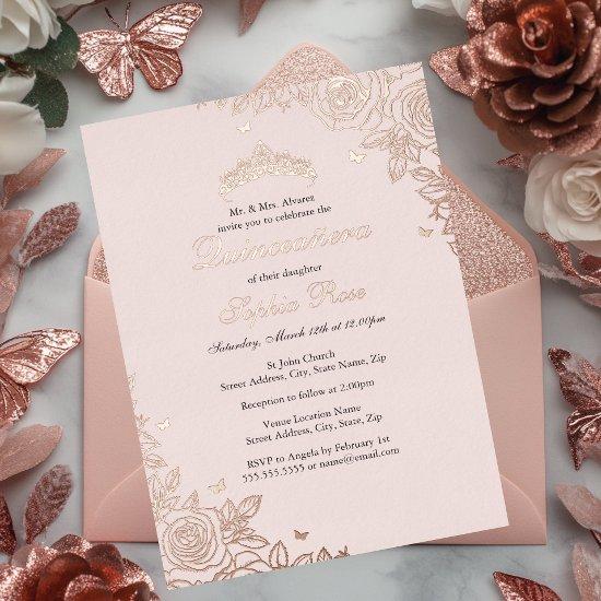 Blush Pink Rose Gold Floral Quinceanera Birthday  Foil