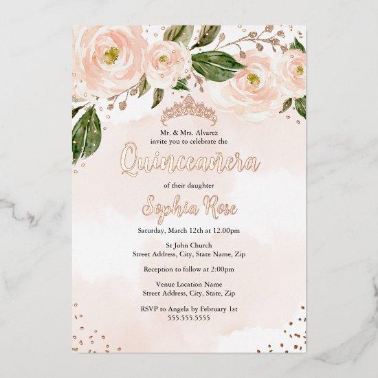 Blush Pink Rose Gold Flower Tiara Quinceanera  Foil