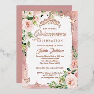 Blush Pink Rose Gold Quinceanera Floral Butterfly  Foil