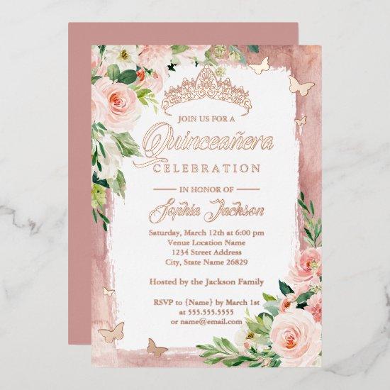 Blush Pink Rose Gold Quinceanera Floral Butterfly  Foil