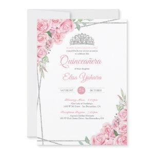 Blush Pink Rose Silver Diamond Tiara Quinceanera