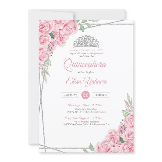 Blush Pink Rose Silver Diamond Tiara Quinceanera