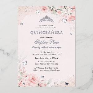 Blush Pink Silver Butterfly Rose Quinceanera 15th Foil