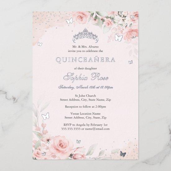 Blush Pink Silver Butterfly Rose Quinceanera 15th Foil
