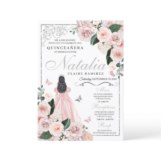Blush Pink Silver Floral Princess Quinceanera