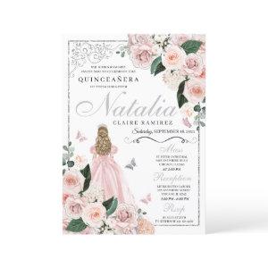 Blush Pink Silver Floral Princess Quinceanera