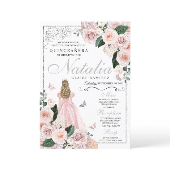 Blush Pink Silver Floral Princess Quinceanera