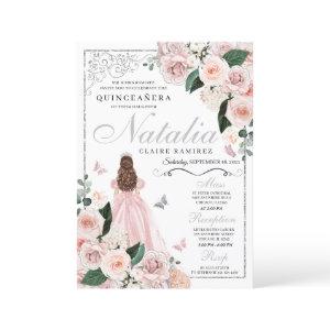 Blush Pink Silver Floral Princess Quinceanera