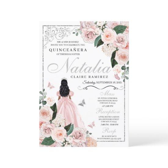 Blush Pink Silver Floral Princess Quinceanera