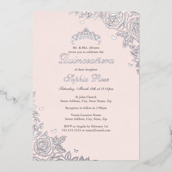 Blush Pink Silver Floral Quinceanera Birthday  Foil