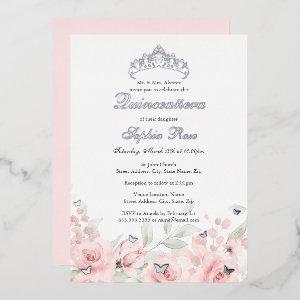 Blush Pink Silver Floral Tiara Quinceanera Foil