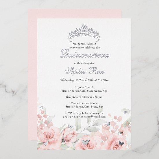 Blush Pink Silver Floral Tiara Quinceanera Foil