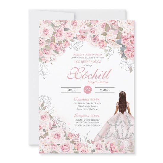 Blush Pink Silver Rose Blossom Elegant Quinceanera