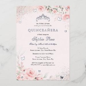 Blush Pink Soft Rose Butterfly Silver Quinceanera Foil