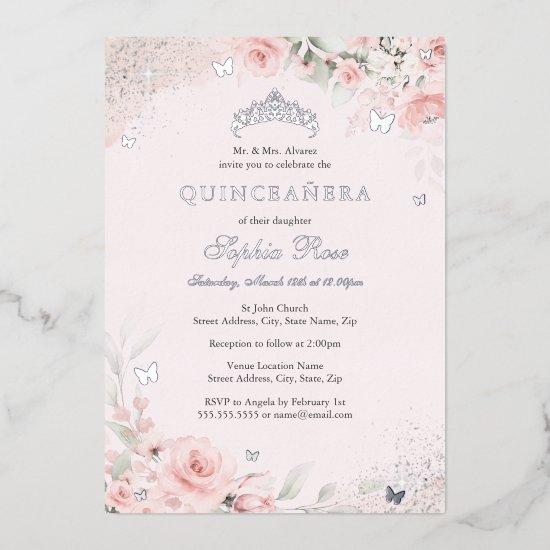 Blush Pink Soft Rose Butterfly Silver Quinceanera Foil