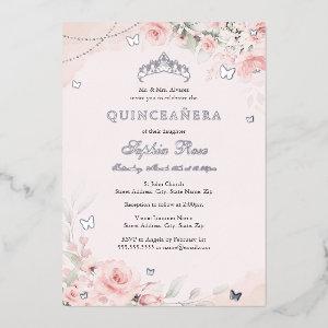 Blush Pink Soft Rose Butterfly Silver Quinceanera Foil